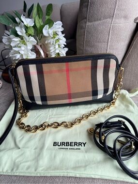 Burberry Abingdon Plaid Canvas and Black Leather Bag Small Authentic
